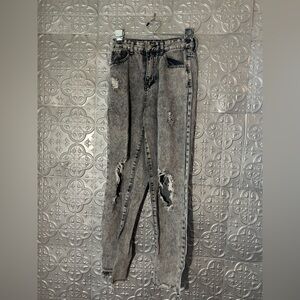 High Waist Ripped Grunge Punk Raw Hem Cropped Grey Black Jeans